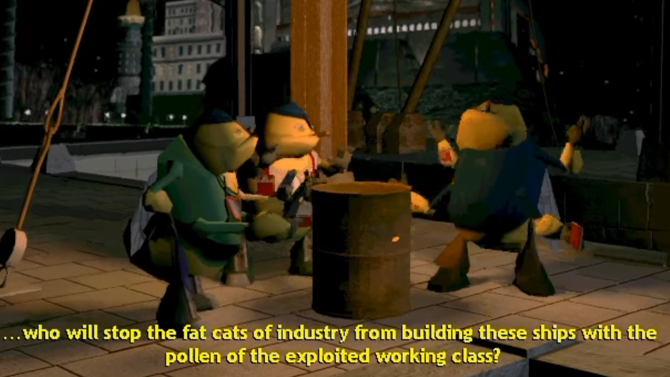 Screenshot from Grim Fandango: Who will stop the fat cats of industry from building these ships with the pollen of the exploited working class?