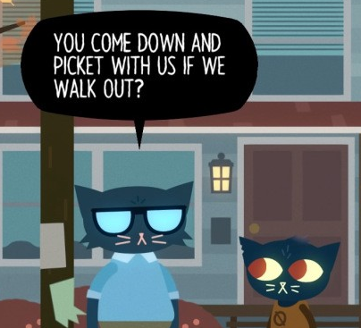 Screenshot de Night in the Woods: Tu descends faire le piquet de grève avec nous si on sort?